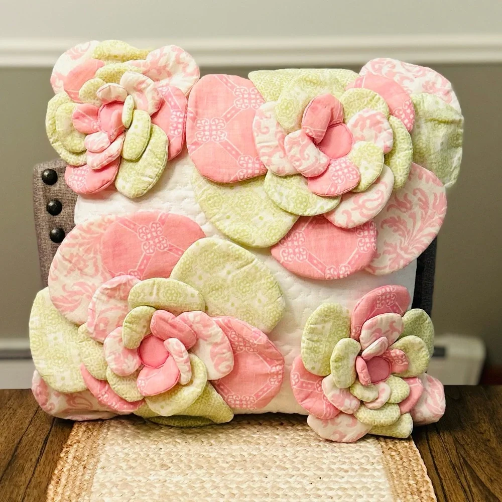 Maggie Miller Floral Decorative Square 16” Pink White Green Throw Pillow